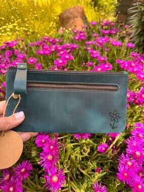 Genuine Leather Ocean Blue Dark Makeup Clutch Bag Pouch Leather Wristlet Bag